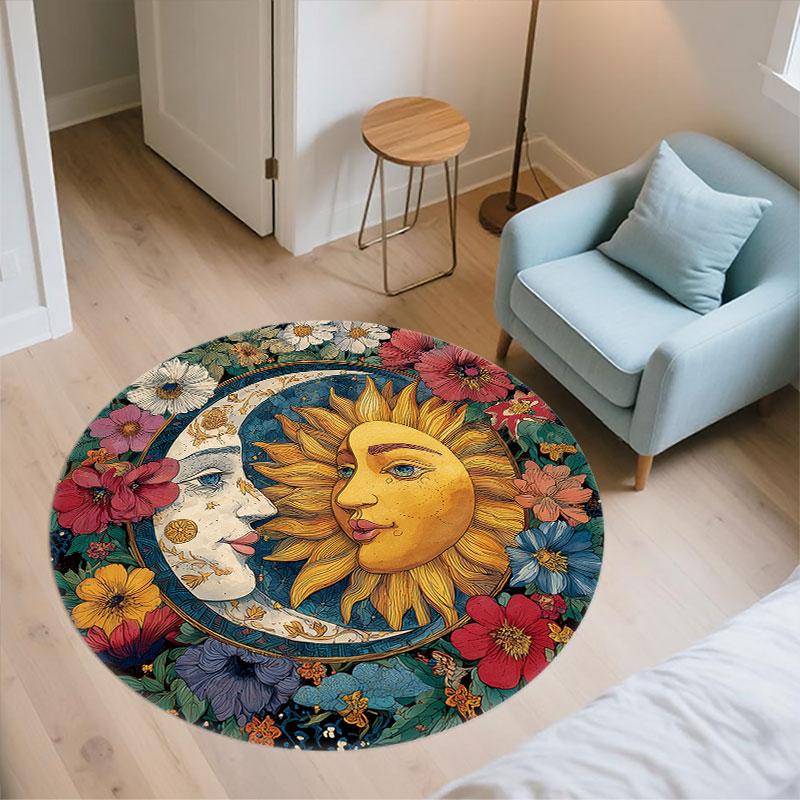 Sun & Moon Pattern Round rug,Carpet Rug for Living Room Bedroom Playroom ,Non-slip Floor Mat,Holiday Gifts and Birthday Gifts.