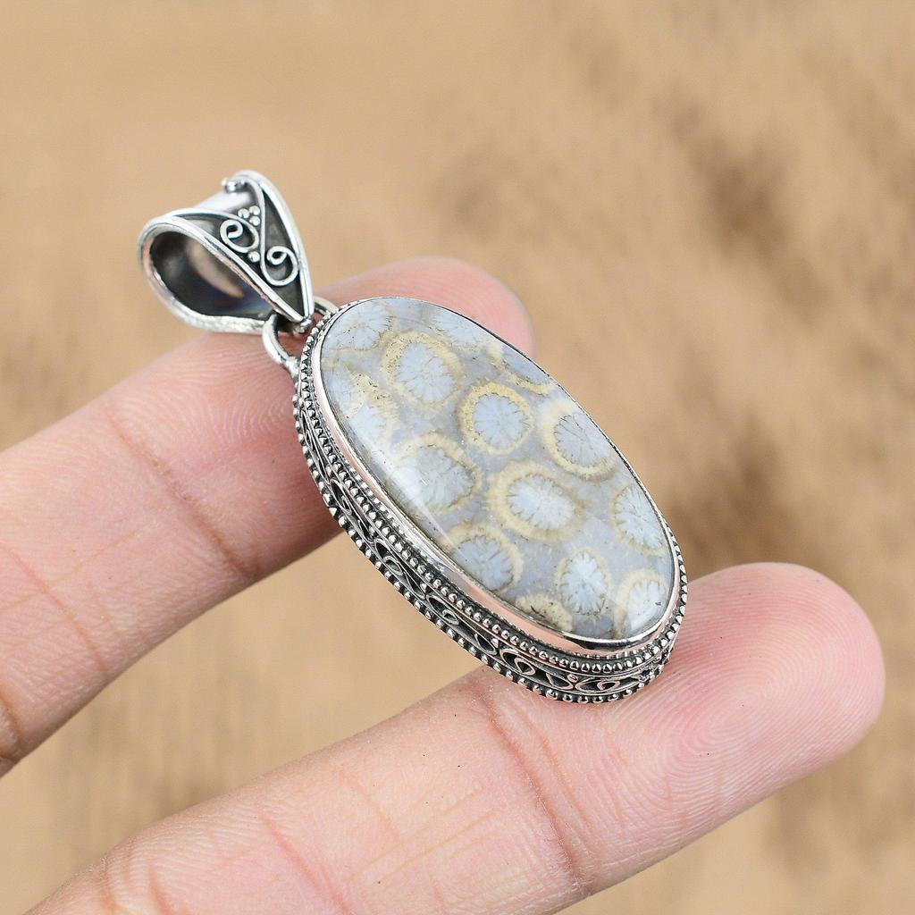 Wedding Gift For Her 925 Silver Natural Fossil Coral Gemstone Pendant Vintage