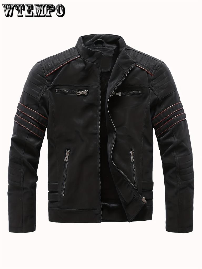 Jaqueta de motociclista retrô PU, jaqueta de couro sintético casual masculina com gola alta