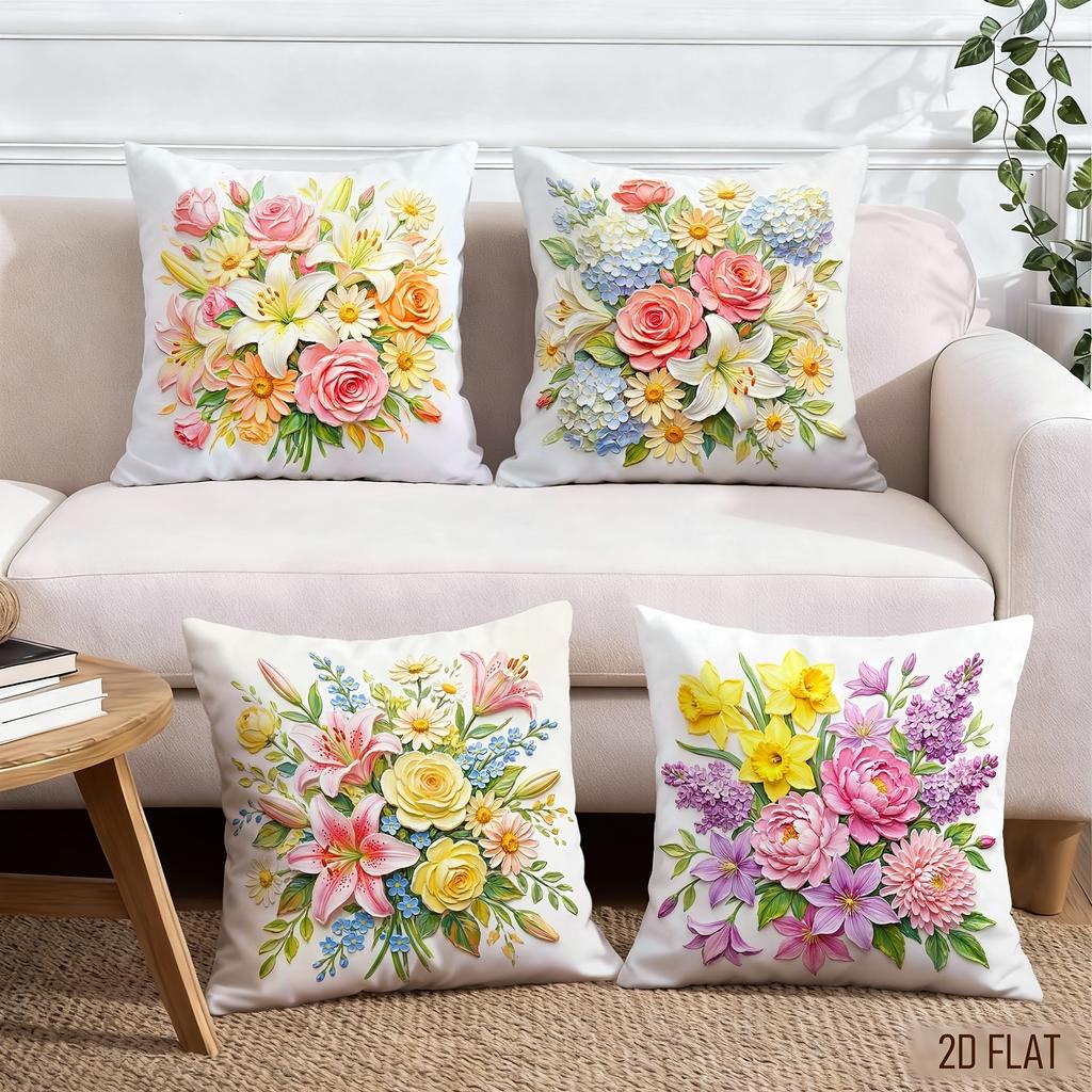 4Pcs Floral Printed Cushion Cover Rose Lily Hydrangea Daisy Pillow Case Polyester Home Decor Sofa Bedroom Living Room 2D Print