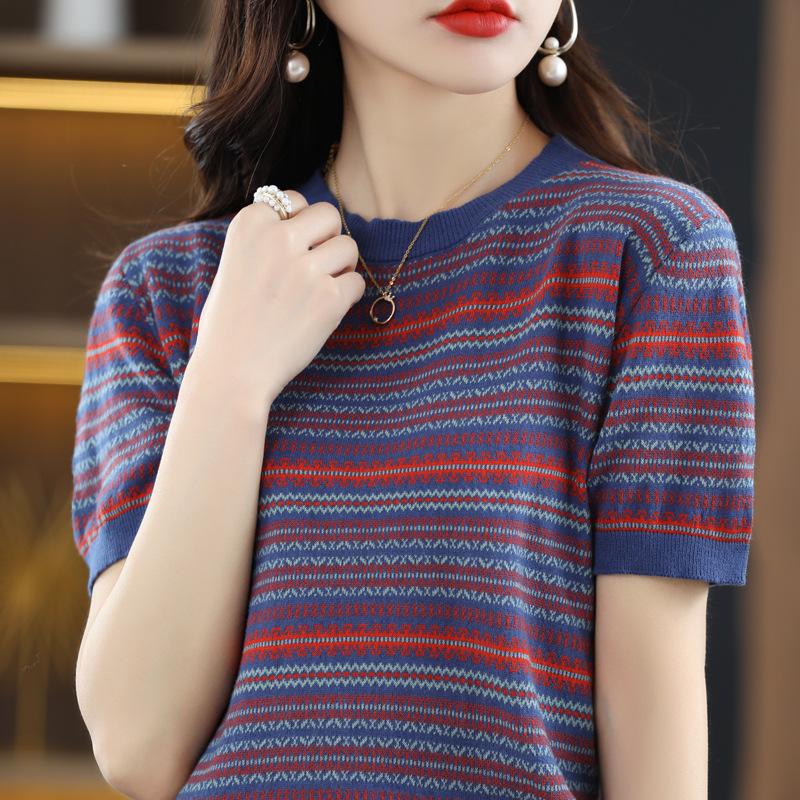 

Футболка с коротким рукавом, в полоску, с круглым вырезом, летняя, новая, свободная, модная, универсальная и тонкая, базовая, топ с коротким рукавом XXL