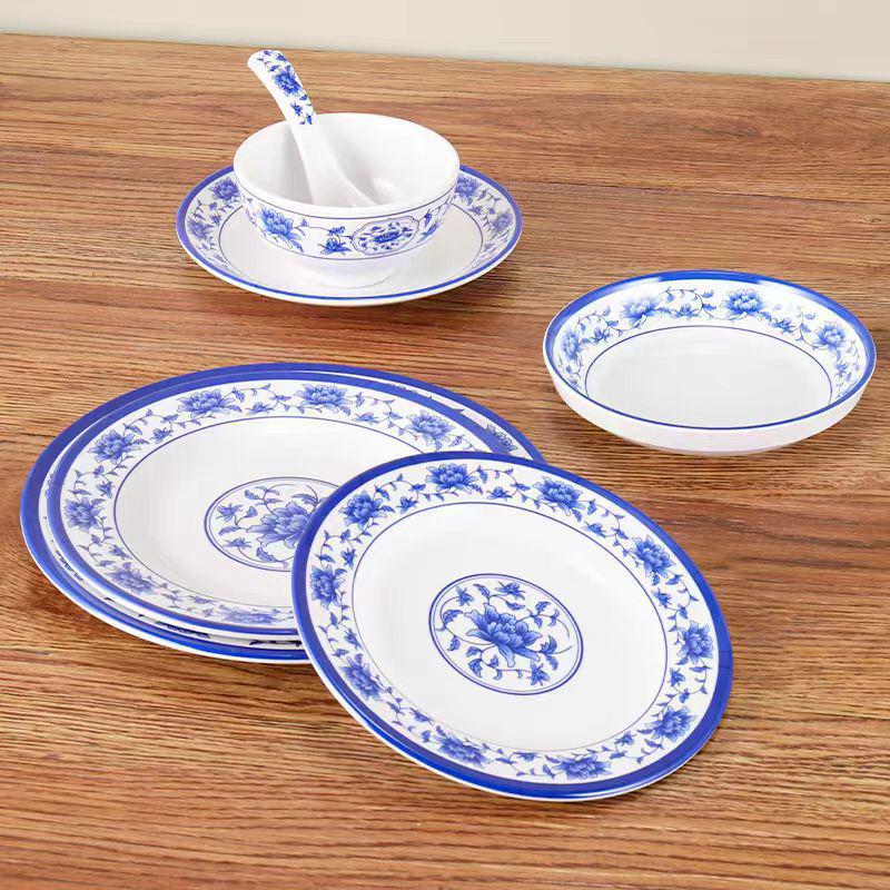 Plato redondo de melamina azul y blanca - Imitación de porcelana gruesa, ideal para salteados, arroz y uso en restaurantes.
