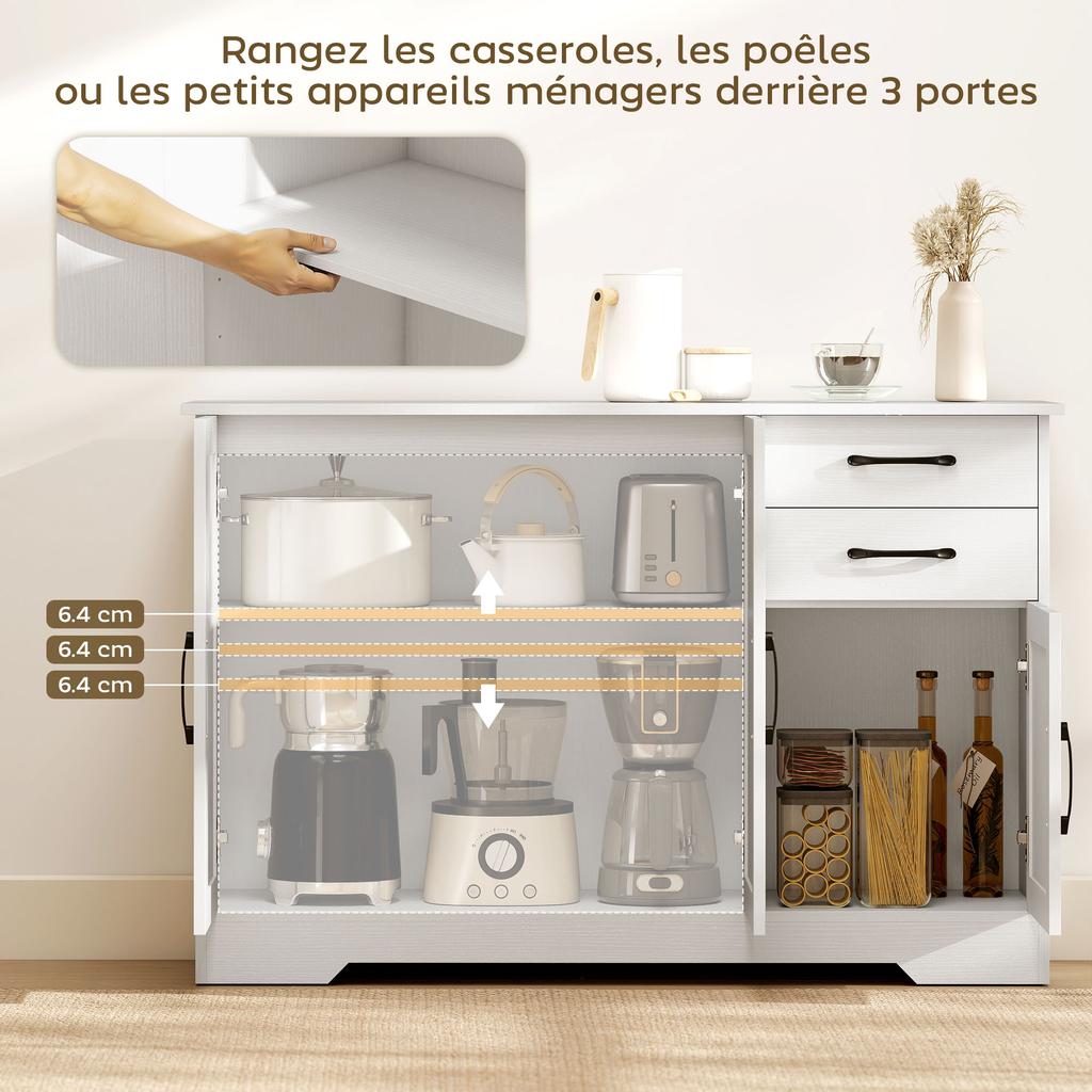 Aparador com 2 Gavetas Armário de Armazenamento Moderno, Armário de Cozinha com Prateleira Ajustável e 3 Portas Branco