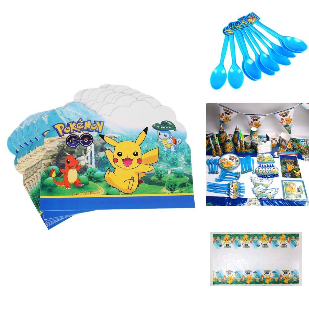 Set Completo Festa Pokémon Pikachu Con Striscioni di Carta Piatti Cappelli Per Decorazioni di Compleanno Bambini