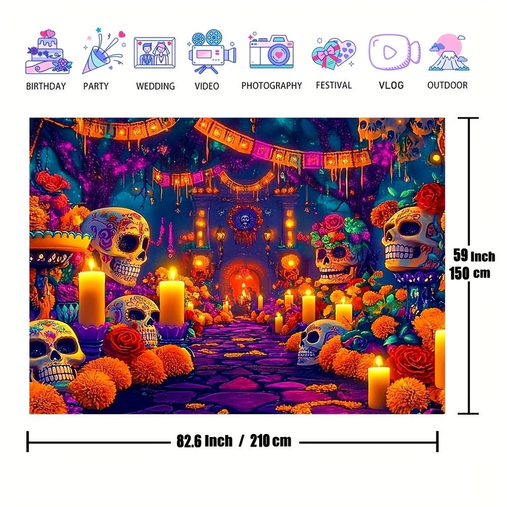 One Polyester Background Fabric for Dia De Los Muertos, Featuring Skulls and Flowers Design, for Indoor Party Decoration Banner