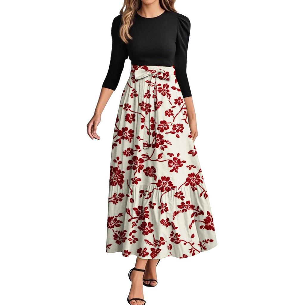 Damenmode Freizeitgürtel Rundhals Florale Stickerei Elegantes Temperament Dreiviertelarm Kleid