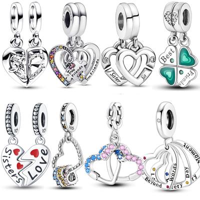 New Linked Sister & Mother & Daughter & Friend Hearts Split Dangle Charm Fit Fasion Bracelet 925 Sterling Silver Jewelry Gift