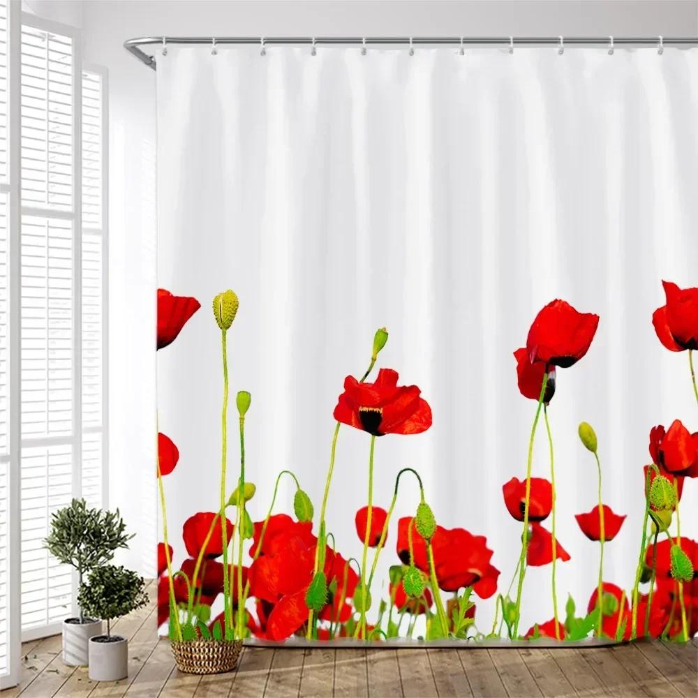 Ensemble de Rideaux de Douche Floraux Peints à la Main Fleurs Aquarelle Plantes Coquelicots Papillon Simple Polyester Décor de Salle de Bain Nordique Crochets