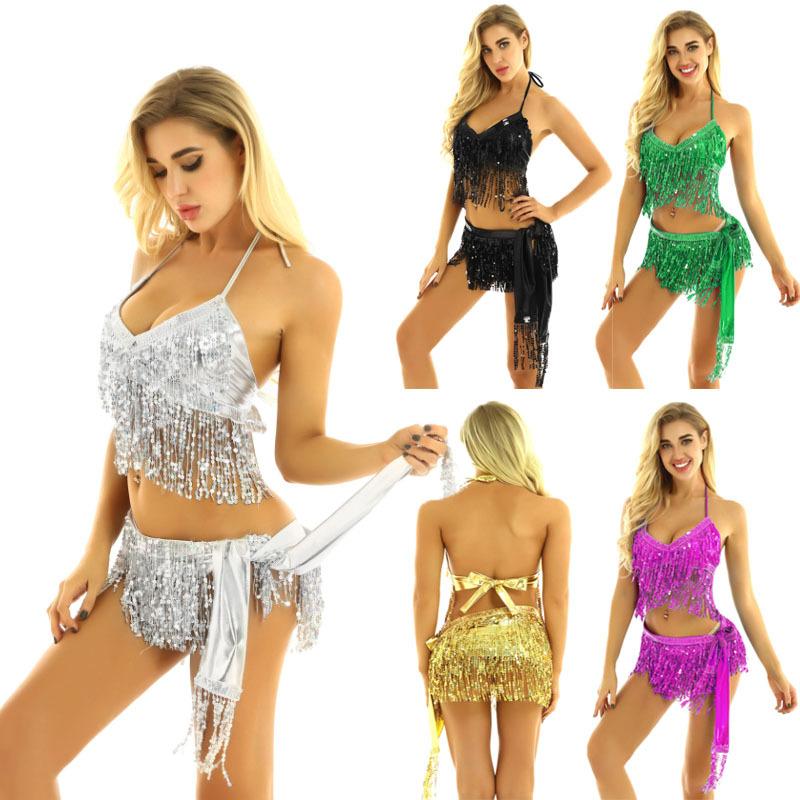 Womens Glitter Sequin Tassels Belly Dance Outfits Halter Bra Top with Mini Wrap Skirts