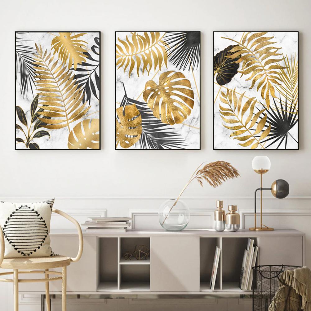 Abstract Modern Golden Leaves Monstera Posters Prints Plants Canvas Paintings Interior Cuadros Home Wall Art Decor Pictures