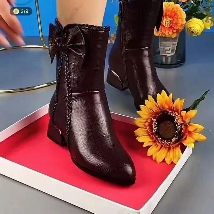 Soft leather short boots winter new velvet warm medium boots thick heel soft sole pointed fashion boots