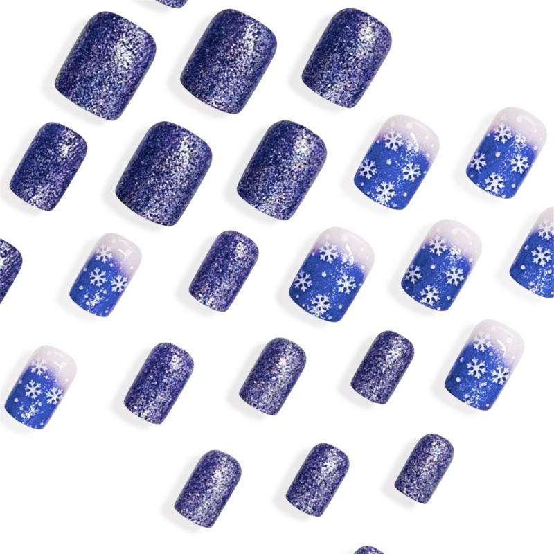 24 Pieces Short Square Artificial Nail With Blue Glittering Snowflake Designs Press on Nail For Festive Occasion
