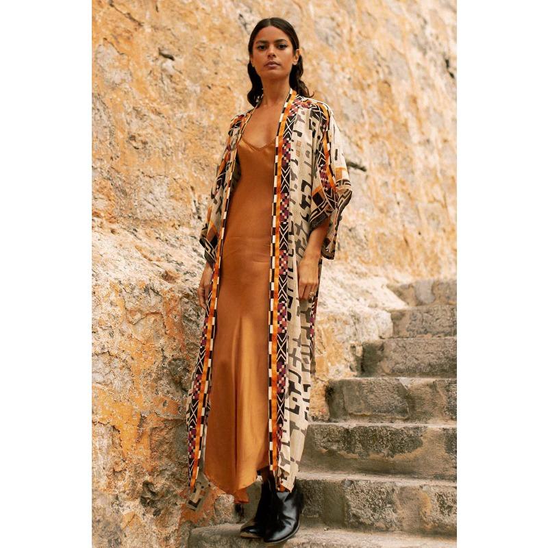 Cotton geometric print cardigan kimono beach sunscreen shirt bikini blouse with 1D135