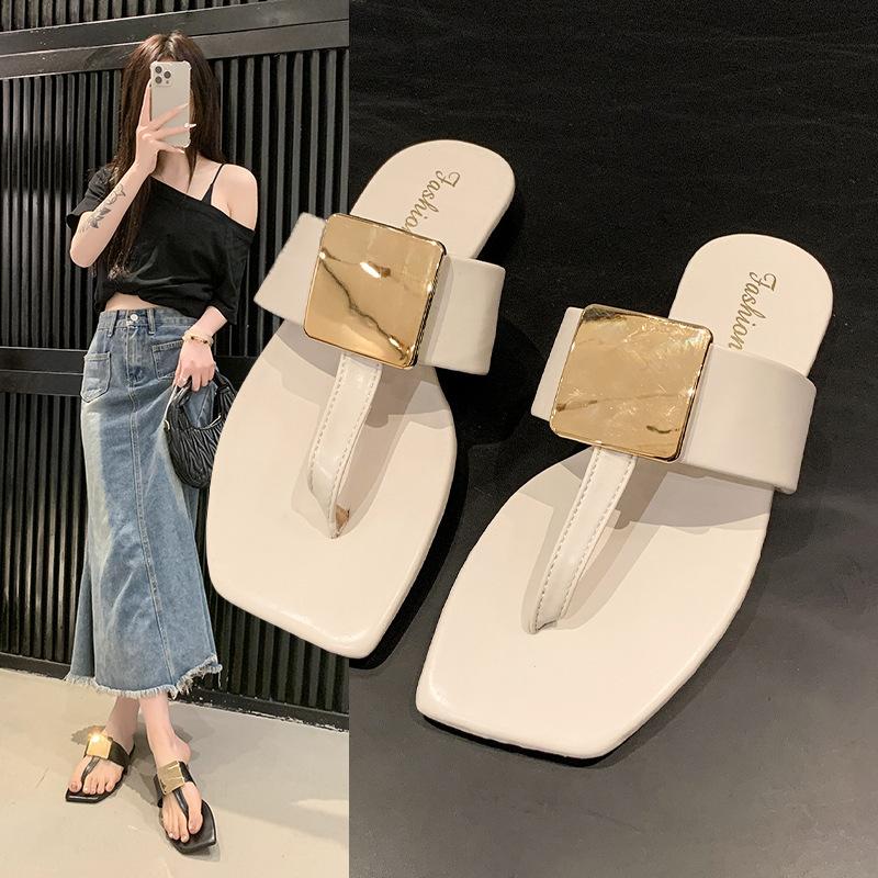 

Fairy toe flat-bottomed slippers, female summer wear one-word skirt with square buckle metal sandals, wind sandals are beautiful 35