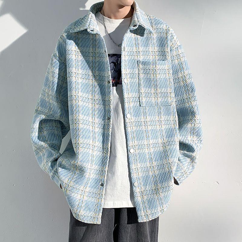 Men's Plaid French-Style Wool Coat - Autumn/Winter Trendy Lapel Loose Jacket.
