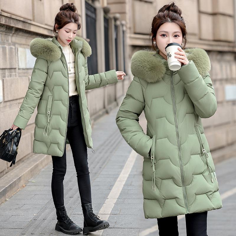 2025 winter big fur collar slim and thin medium and long cotton clothes women's thickened warm foreign gas jacket cotton clothes
