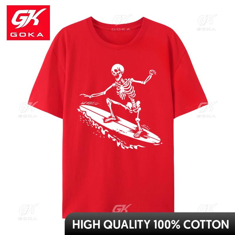 Skeleton Surfer Summer Skeleton Riding Surfboard Brand Unisex Tshirts Crew Neck Cotton Fabric Design Tops Shirts Casual S