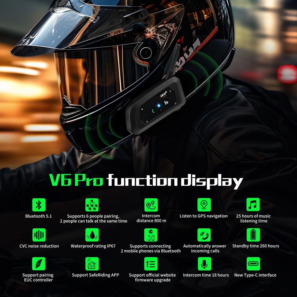 EJEAS V6 PRO+ Motorcycle Helmet Intercom Bluetooth Headset Support EUC CVC Noise Reduction Waterproof IP67 Standby Time 260H