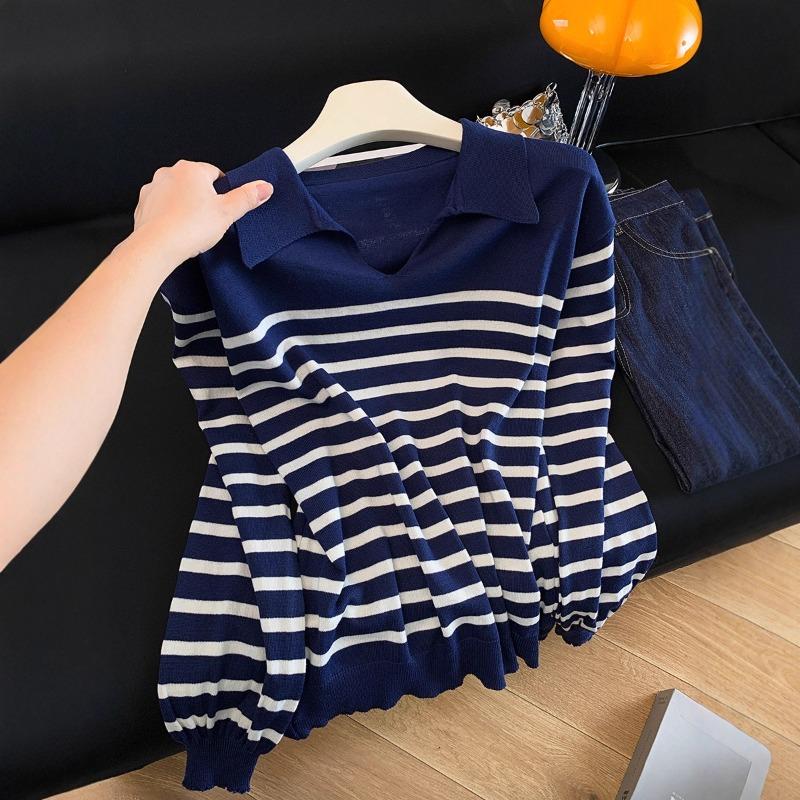 Autumn and Winter New Lazy Wind Striped Polo Knitted Sweater Gentle Wind Long-sleeved Top Women's Clothing