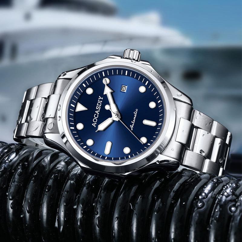Brand Men's Automatic Skeleton Mechanical Waterproof Luminous Steel Strap Watch