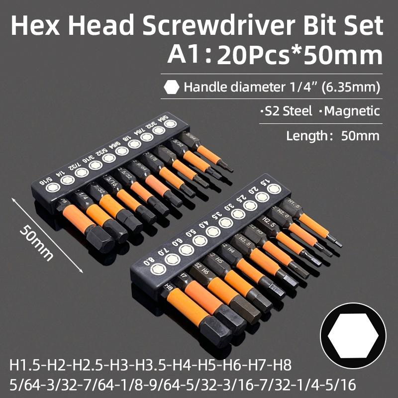 Cheie Allen cu cap hexagonal, set de biți de șurubelniță SAE metrice, 1/4" cu coadă hexagonală, biți de șurubelniță magnetică din oțel S2, scule de găurit electrice de mână