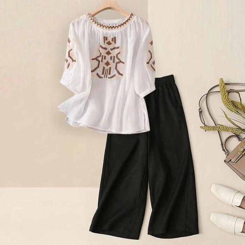 Women Suit 2PC Set Cotton T-shirt and Pants Cotton Oversize Loose Casual Summer Suit Two Pieces Top Pants