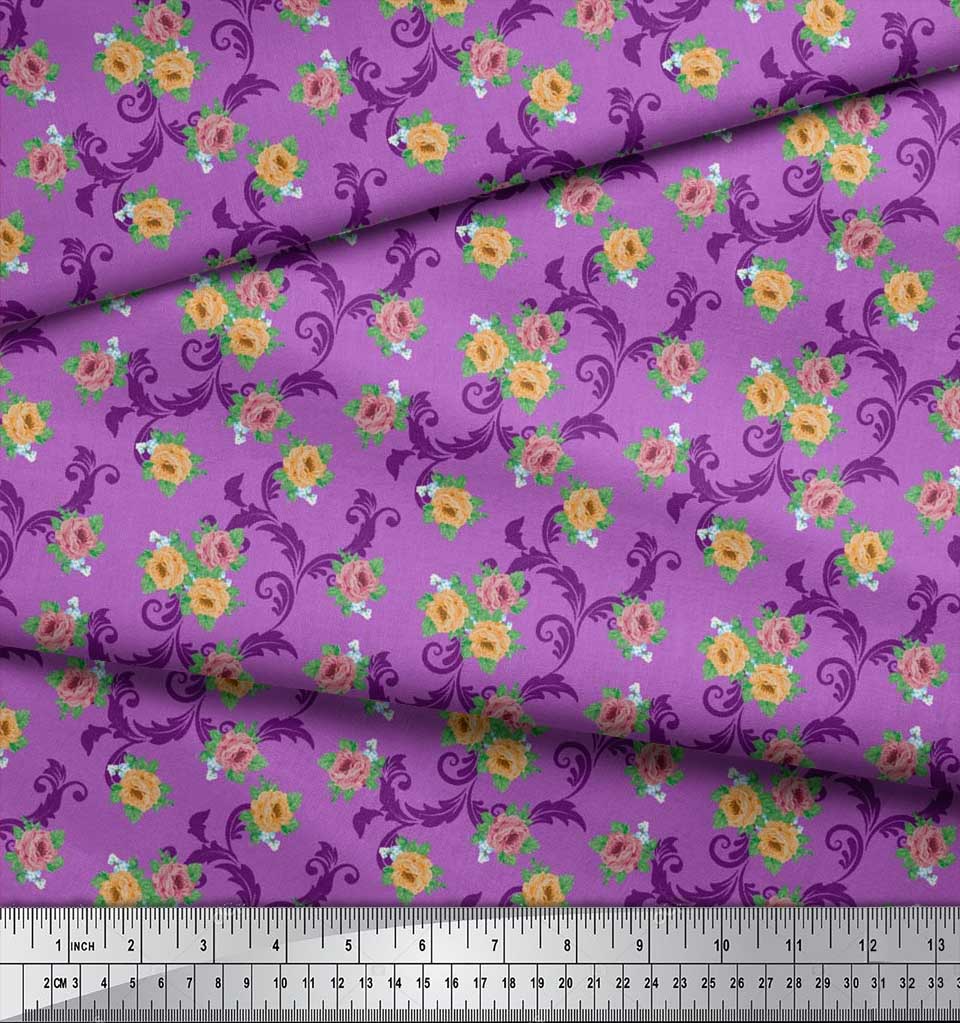 Soimoi Japan Crepe Satin Fabric Swirl,Leaves & Rose Floral Printed Fabric 1 Metre 42 Inch