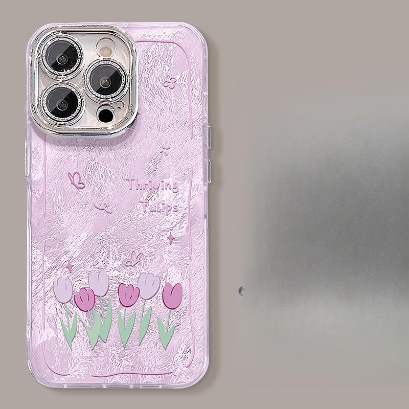 Pink Florals Suitable for Apple 16pro Glacier Pattern Mobile Phone Case 15 Full-inclusive Lens Film 14 Spring and Summer 13 Small Fresh X