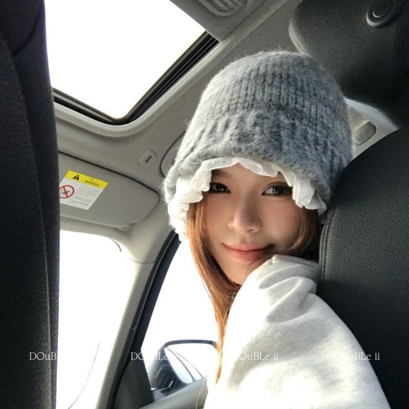 Lace Lace Bucket Hat Women's Autumn and Winter Sweet Wool Knitted Hat Showing Face Small Hat Winter