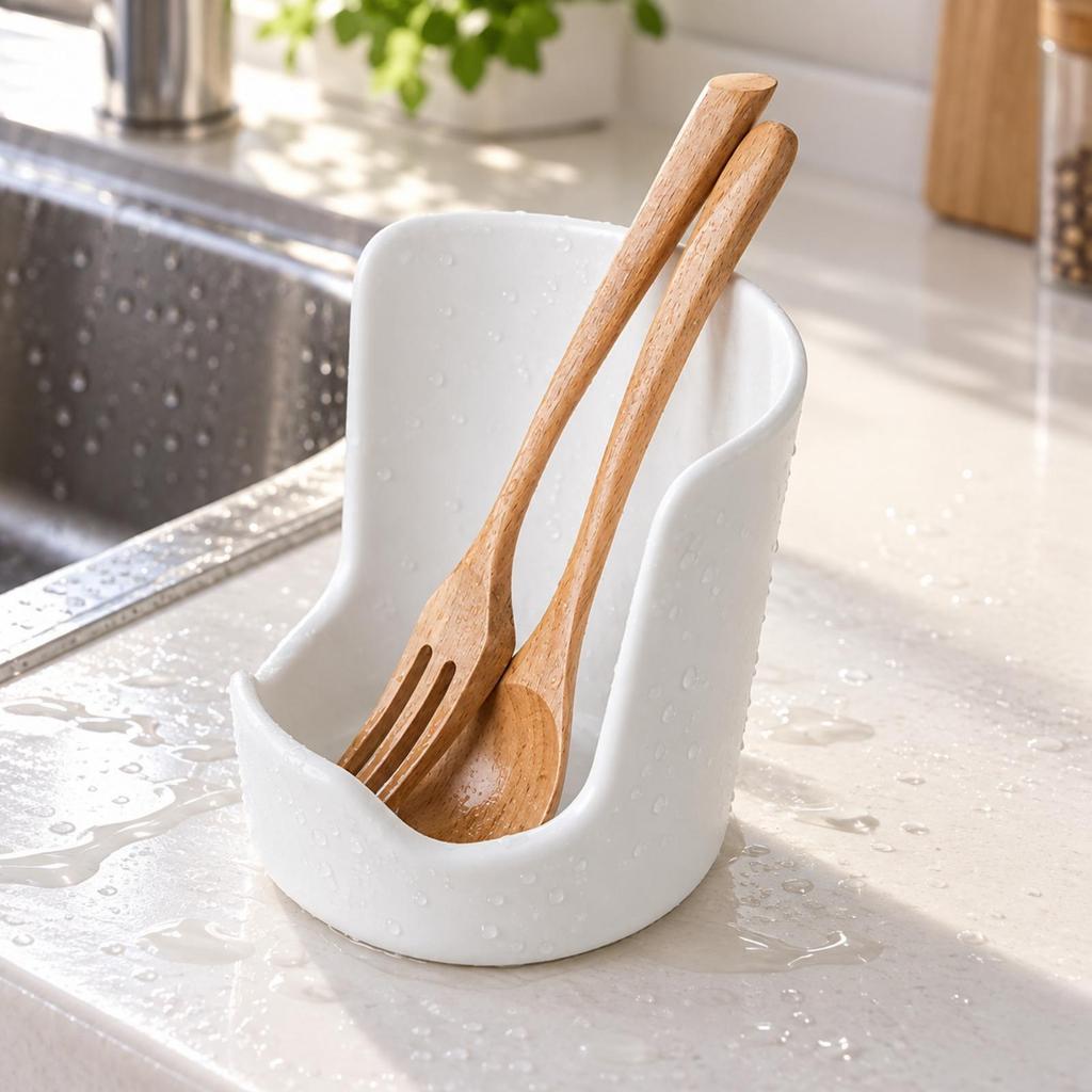 Thick Kitchen Countertop Drain Rack for Pot Lids and Utensils, Plastic Storage Organizer White