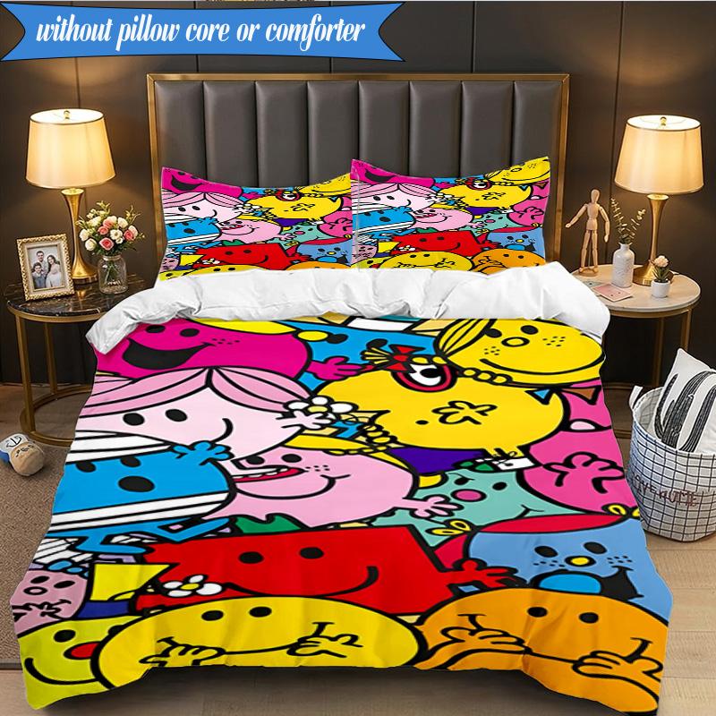 3PCS Mr Man Colorful Creatures Bedding Set 2D Printing (Includes 1 Duvet Cover + 2 Pillowcases Coreless), Bedroom decor,Fan gift