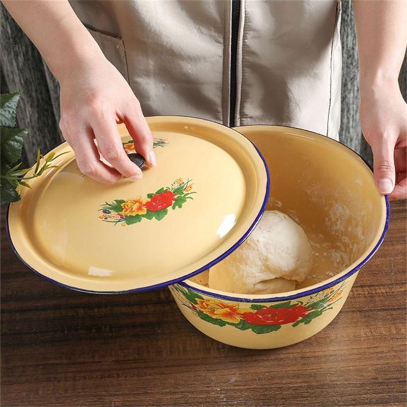 Enamel Snacks Bowl Large Capacity Cake Dessert Container with Lid Enamel Washbasin for Storing Soups and Vegetables
