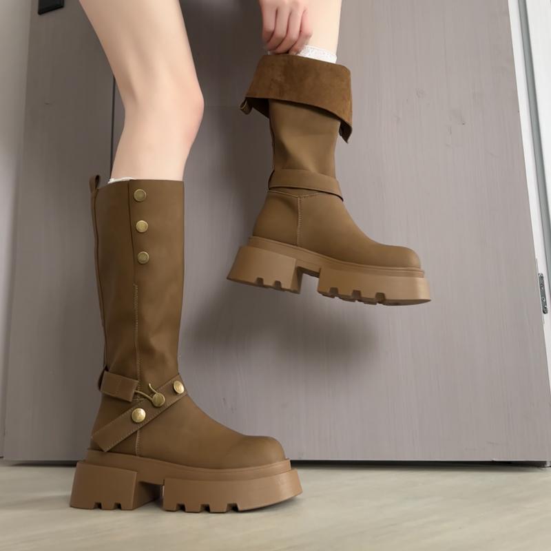 Winter Vintage Platform Thick Sole Woman Suede Knight High Boots Concise Belt Buckle Shoes Ladies Slip On Slim Modern Long Botas