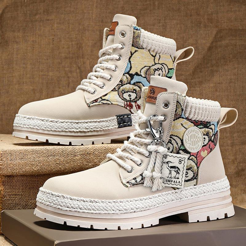 Fashion Men High Top Boots Fad Trend Outdoor Comfort Ankle Boot for Men Lace-Up Boot Retro British Style Tooling Boots Botas Para Hombre