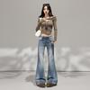 Women's 2025 American-Style Low-Waisted Blue Gradient Micro-Flare Jeans - Slim Fit, Autumn Collection