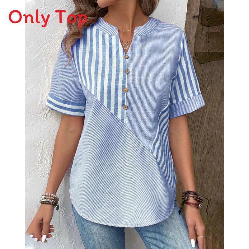 Women Cotton Linen Asymmetrical Striped Shirt With Vneck For Casual Office Wear