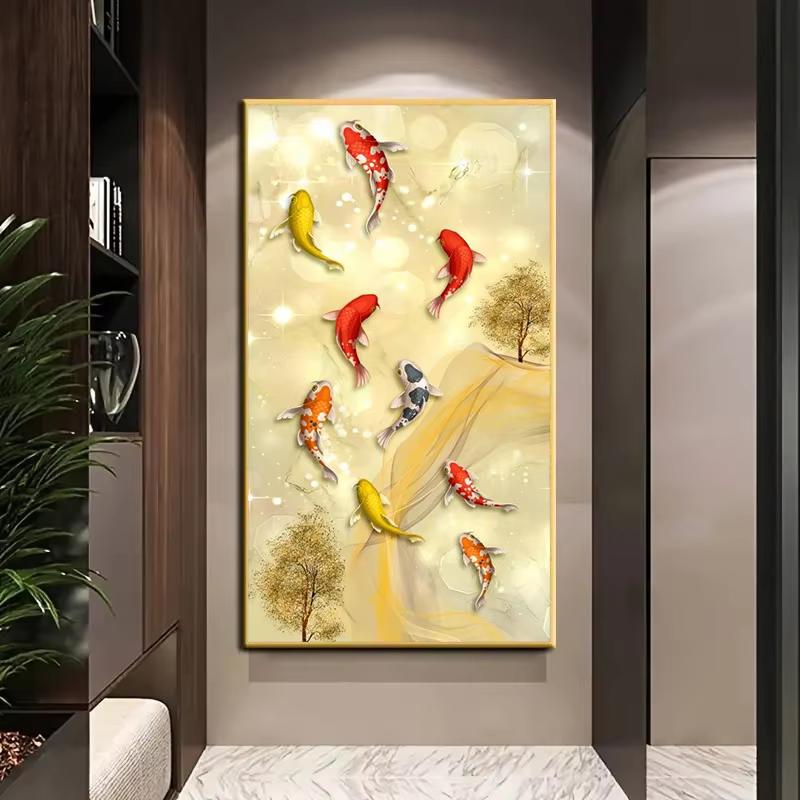 Large Frameless Canvas Art - Vibrant Koi Fish with Golden Accents & Abstract Background, Modern Wall Decor for Living Room, Bedr