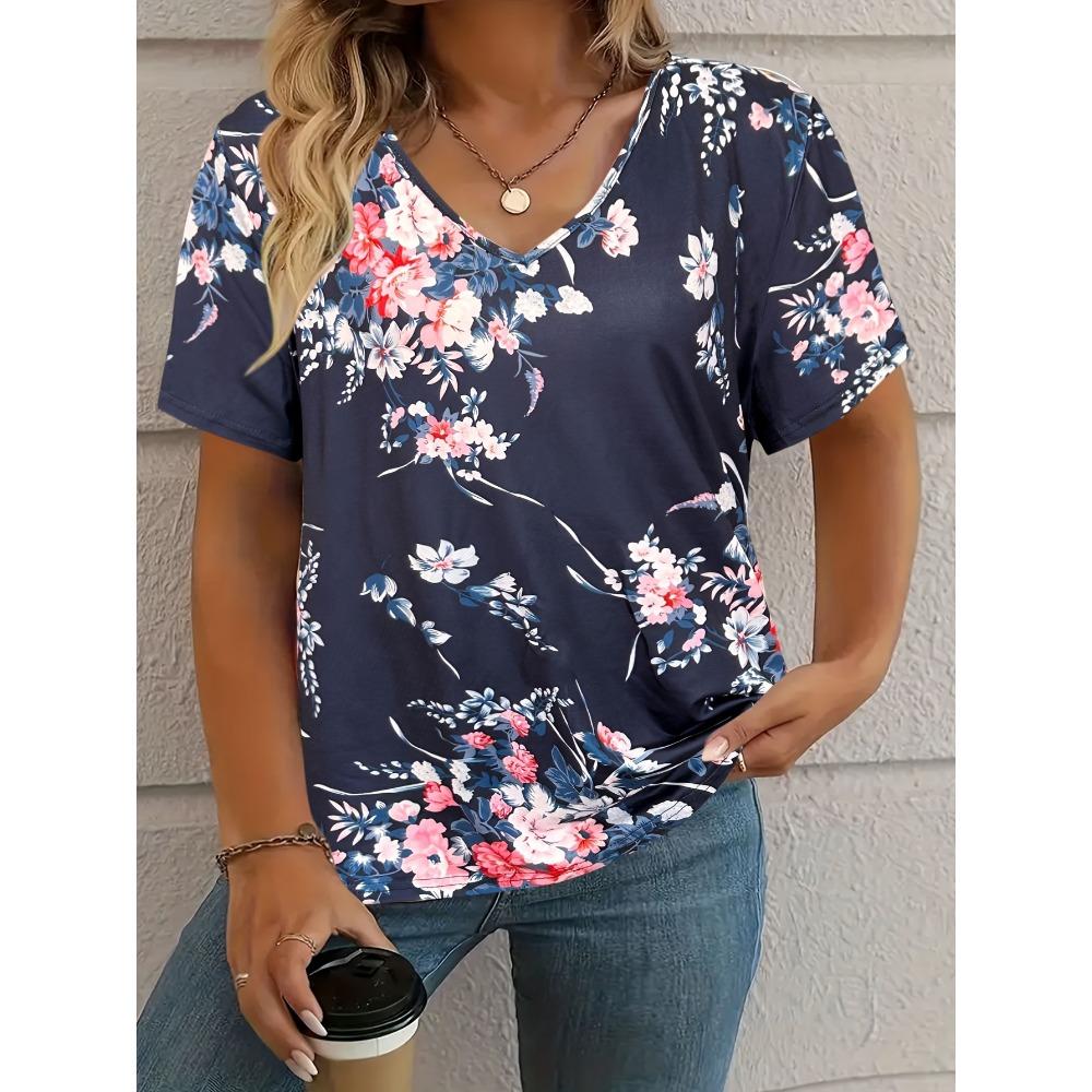 T-shirt Women's Summer Casual Elegant V-neck Short Sleeve Retro Floral Top Loose Casual Wear Ladies T-shirt