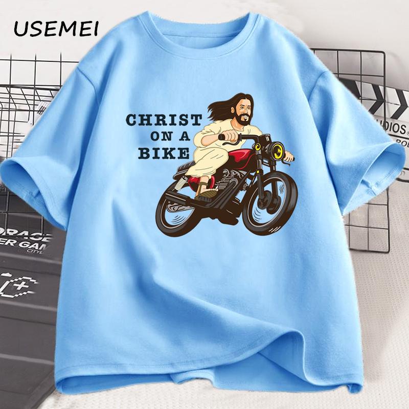 Christ auf einem Motorrad T-Shirt Lustig Religiös Herr Jesus Kirchengruppe Ostern T-Shirt Unisex Damen Baumwolle Kurzarm T-Shirt