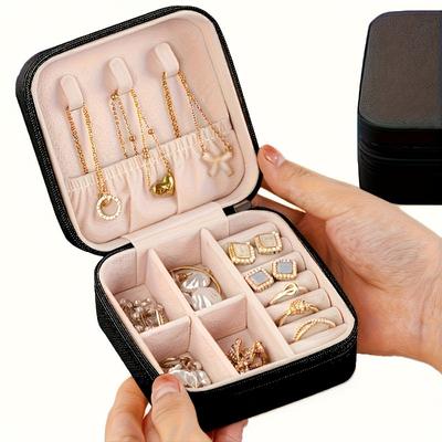 Boîte à bijoux portable en similicuir avec fermeture éclair - Boîte à bijoux de bureau pour la maison ou l'extérieur