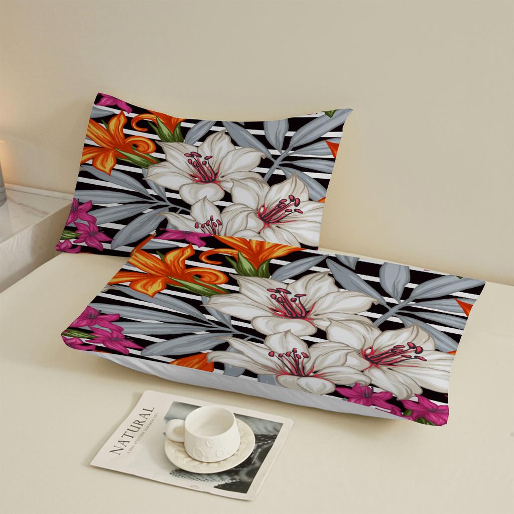 3pcs Fitted Sheet Set Black And White Stripes With Pinecones And Poinsettias Bed Sheet With Pillowcases For Bedroom Decor