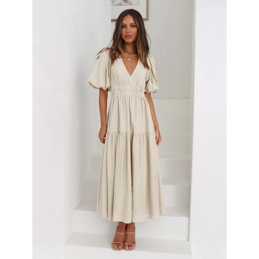 Mote Damer Sommer Vintage Kjole Kvinner Lanternermer Volanger Casual Kjole V-hals Høy Midje Sexy Selskap Midi Strandkjoler