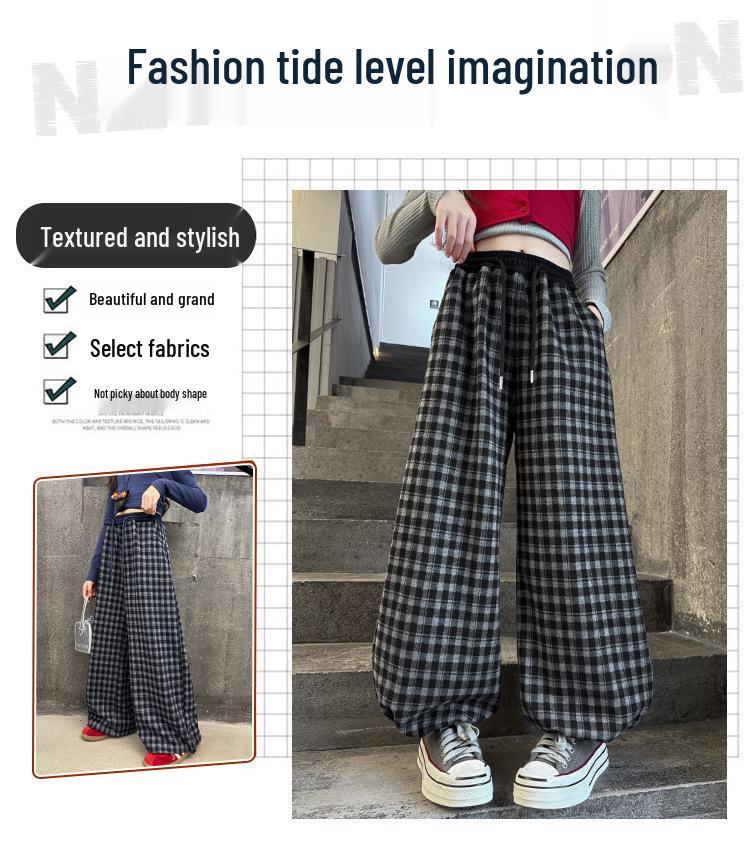 Girls' Plaid Wide-Leg Pants 2025: New Children's Loose Spring & Autumn Casual Straight-Leg Trousers for Big Kids