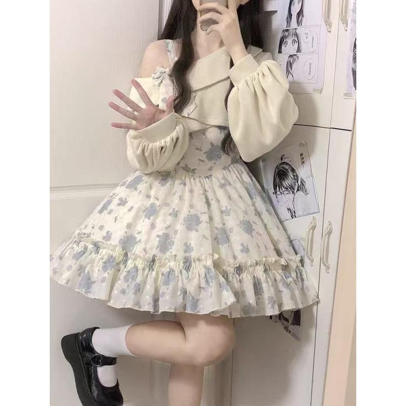 Sweet Lolita Style 2 Piece Dress Set Women Pink Bow Knitted Coat Kawaii Floral Mini Dress Female  Beach Party Suit