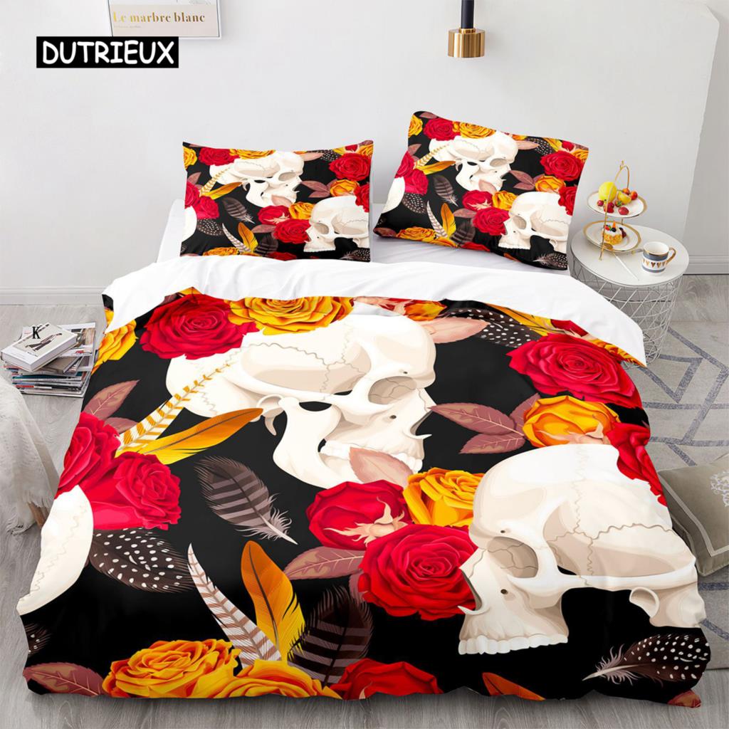 Povlak na přikrývku Sugar Skull King Mikrovlákno Růžový Ložní Set Květinová Lebka Povlak na Přikrývku Černá Červená Oranžová Kostra Jednolůžkový Povlak na Prošívanou Přikrývku