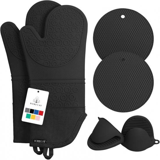 Rorecay 6pcs Oven Mitts and Pot Holders Sets for Kitchen, Extra Long Silicone Oven Gloves High Heat Resistant 500 Degrees Non-Slip Potholders Hot
