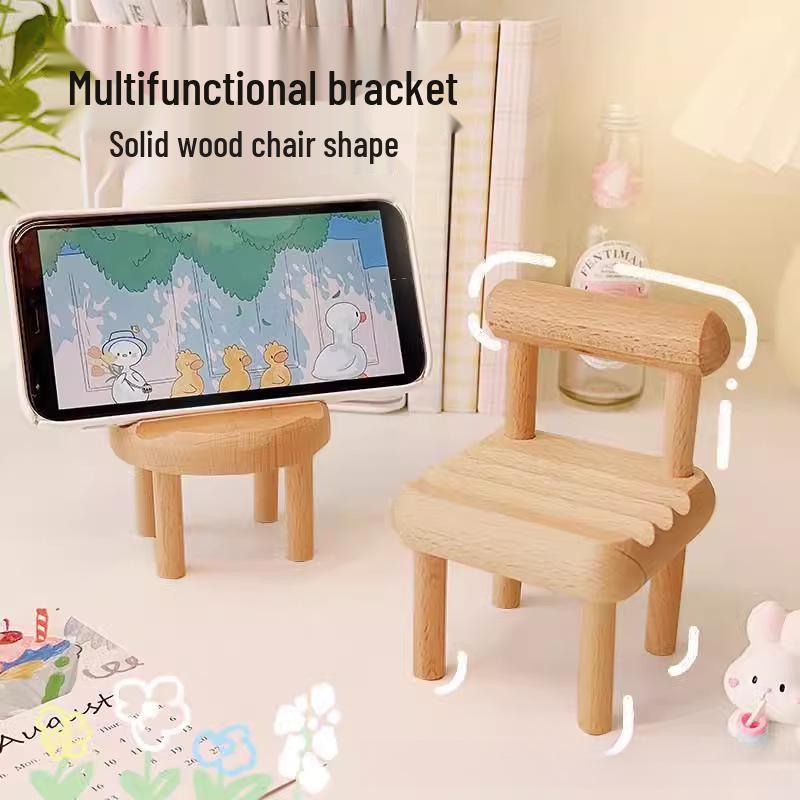 Wooden Mobile Phone Stand - Cute Chair Design for Lazy Viewing, Perfect Desktop Ornament