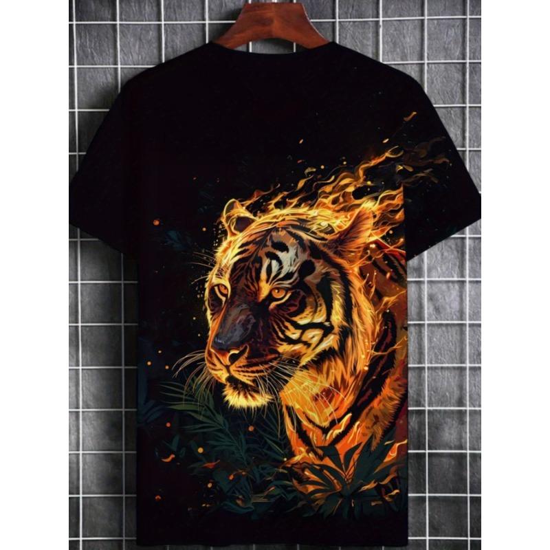 Men's Fire Tiger 3D Printed T-Shirt Casual Short Sleeve Crewneck Top Cool Blazing Flame Wild Animal Graphic Tee Trendy Streetwear Summer Clothes