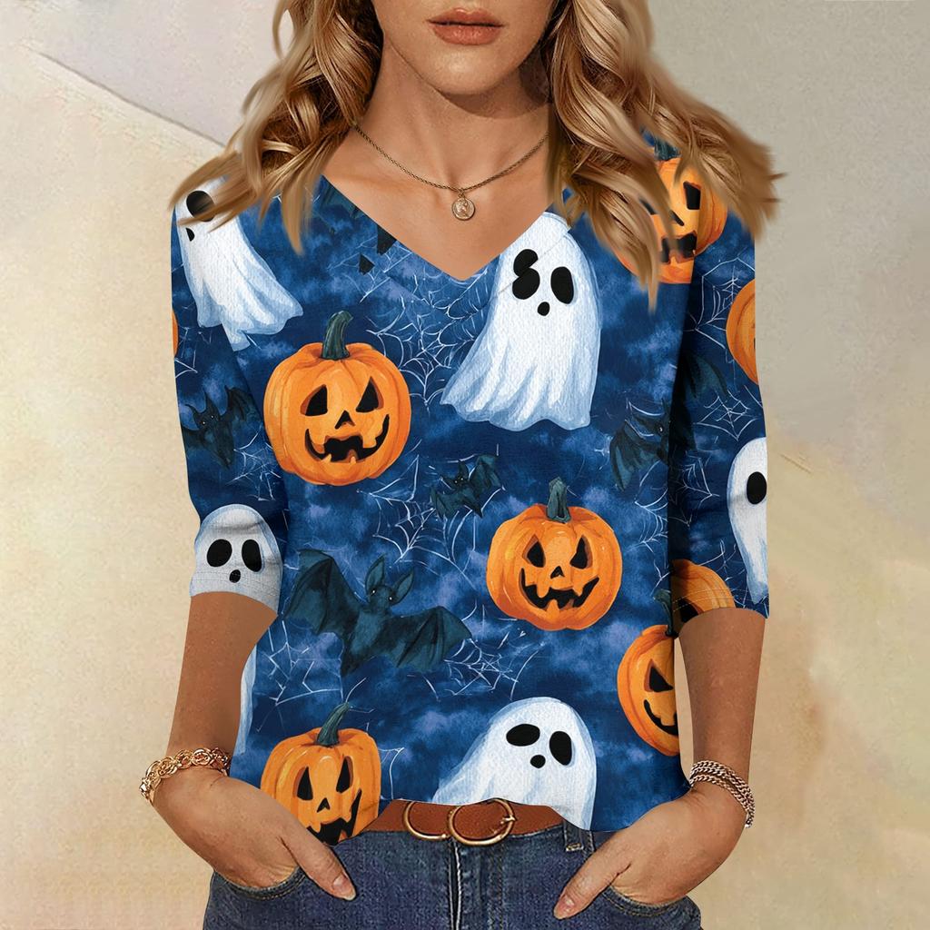 Womens Halloween Print V Neck Top Three Quarter Sleeve Casual Shirt Lightweight Soft Fabric Relaxed Fit Comfortable Everyday Wear