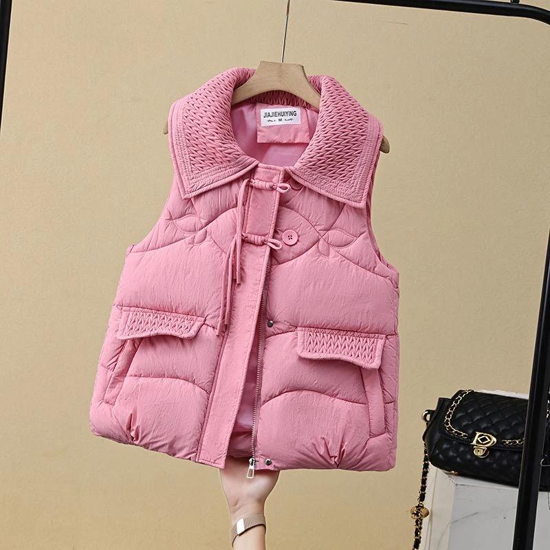 Autumn and Winter Women's New Stitched Lapel Zipper Pocket Fashion Solid Color Chinese Vest Jacket